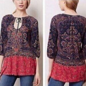 ANTHRO MEADOW RUE Boho Beaded Embroidered Blue Brocade Floral Flowy Tunic Top